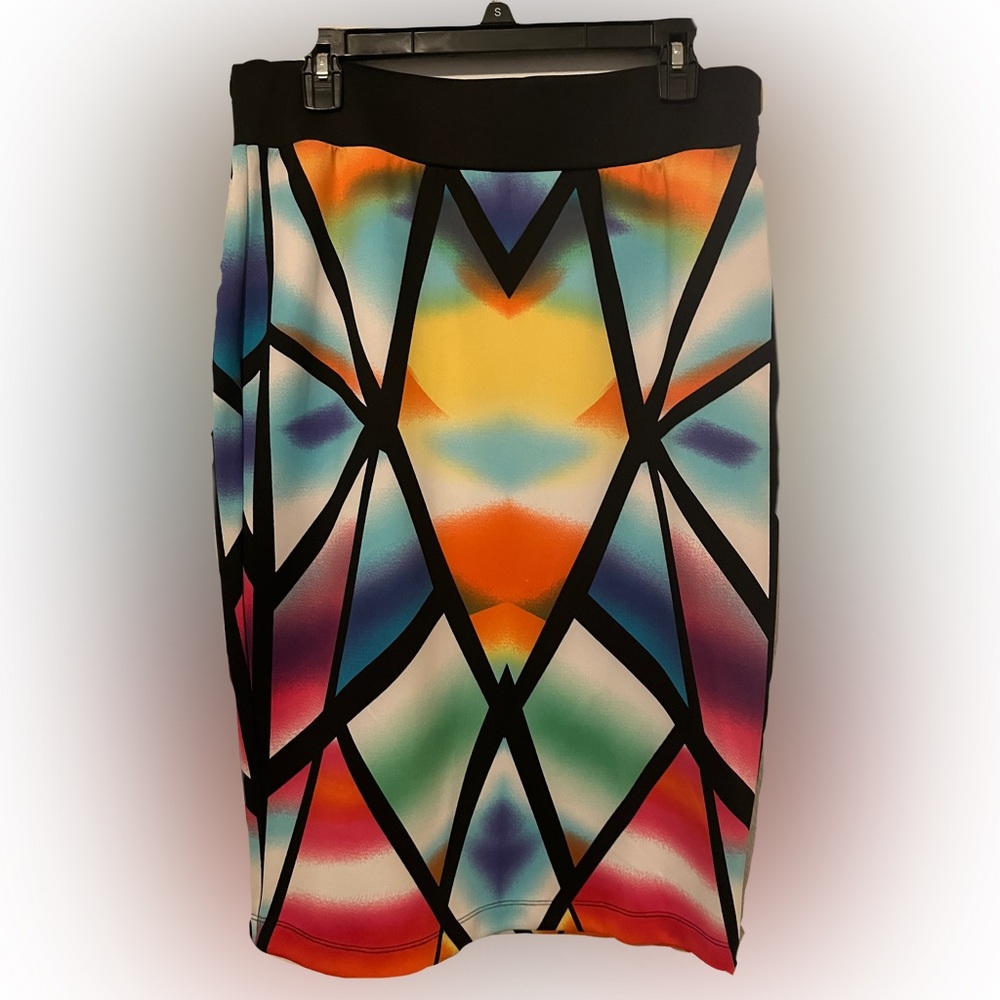 NEW BISOU BISOU Women Stretch Poly Straight Pencil Skirt Colorful Geometric L - Picture 2 of 5